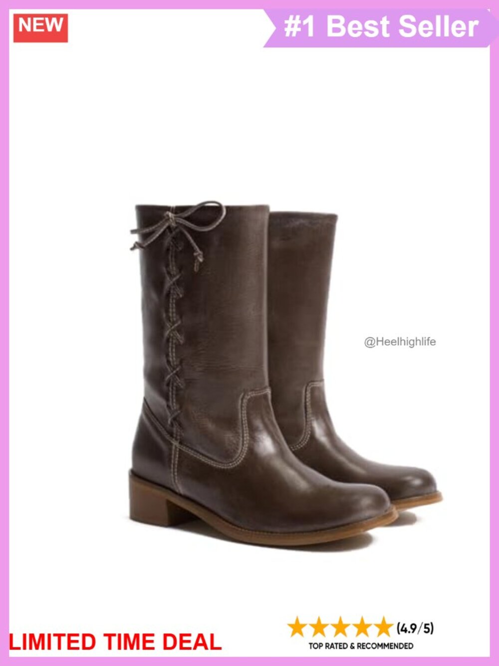 Mid Calf Boots Chunky Block Heel Round Toe Lace Up Faux Leather